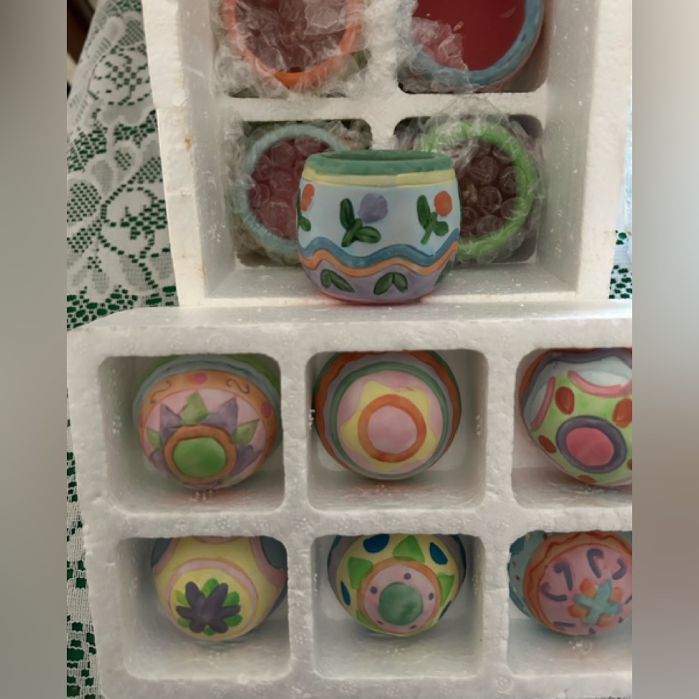 Ceramic Egg Candles Set - multi colored 6 candles with tops